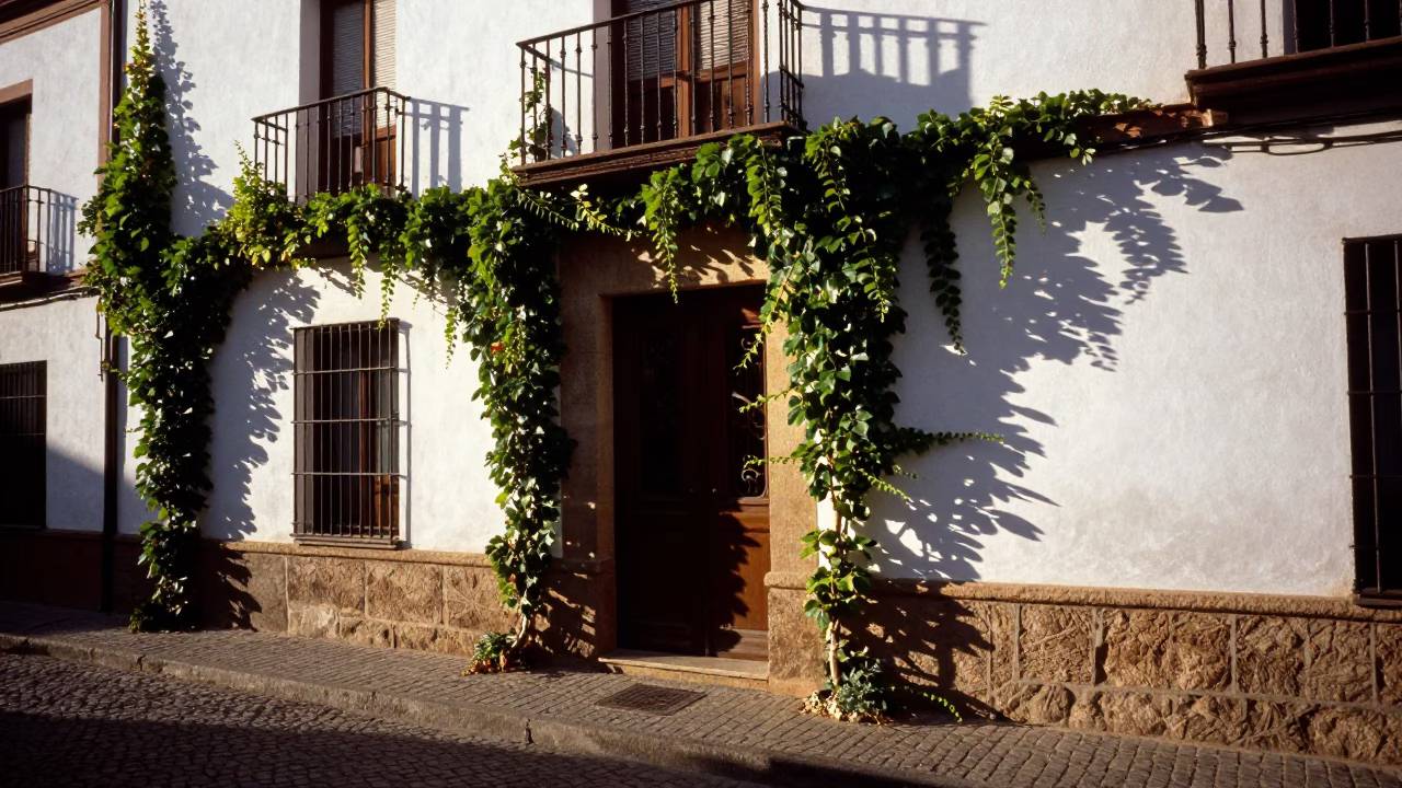 Granada Spain late afternoon street scene with ivy and door mats in in Granada, Spain