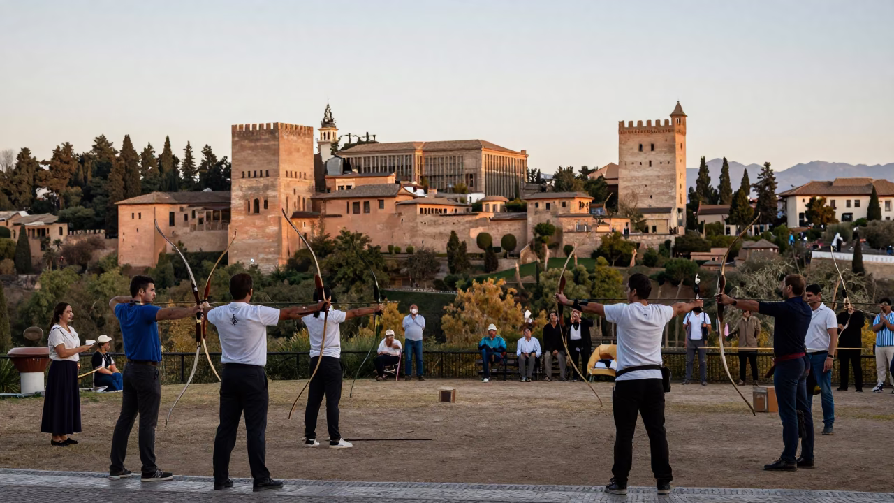 Granada Spain Late Afternoon Street Scene with Traditional Archery Contest in in Granada, Spain