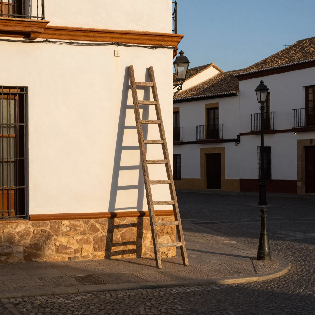 Granada Spain Late Afternoon Street Scene with Wooden Ladder and Traditional Architecture in in Granada, Spain