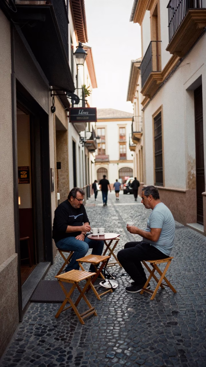 Granada Spain Late Morning Street Scene with Folding Stools and Rusty Rail in in Granada, Spain