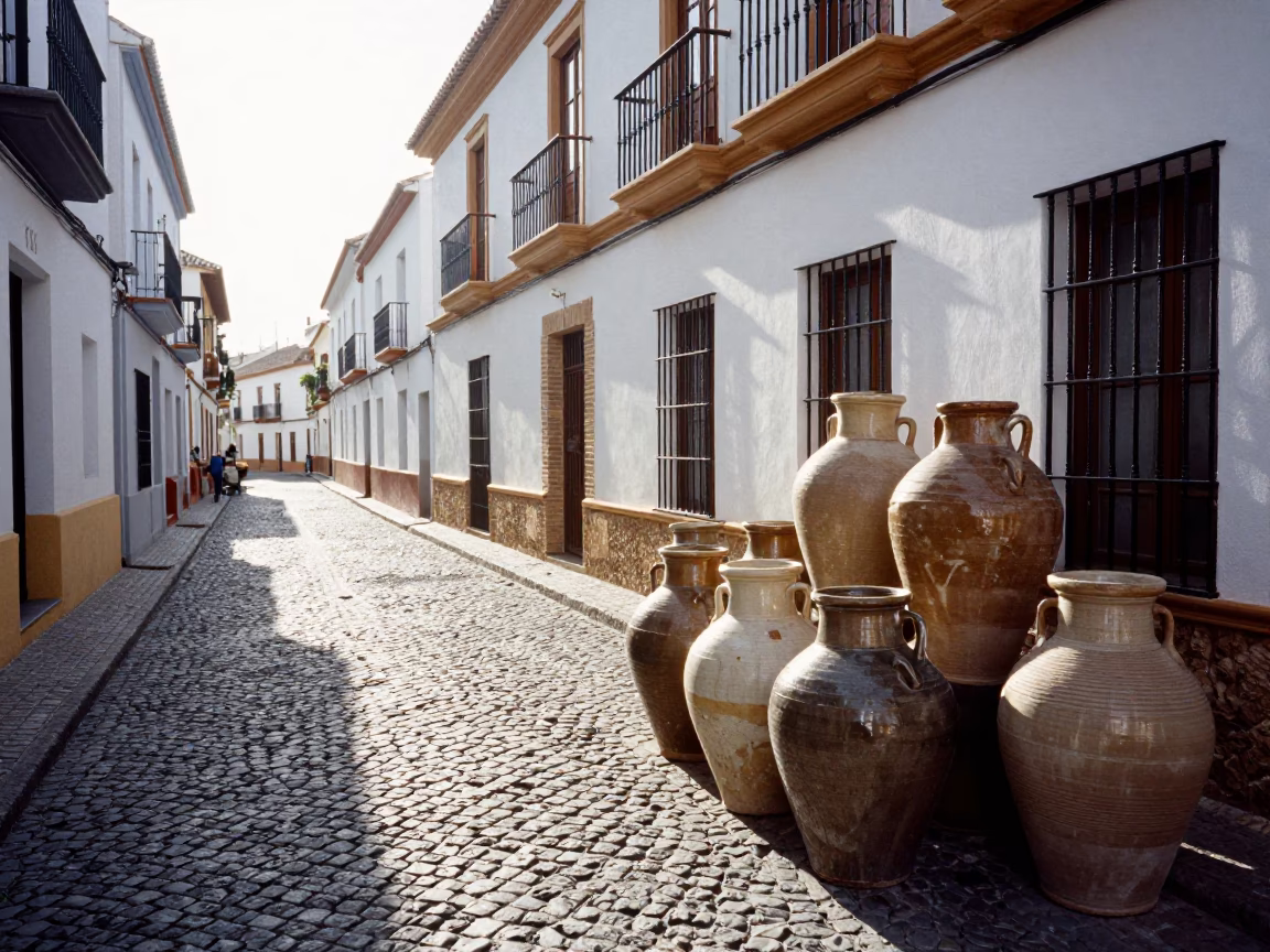 Granada Spain Late Morning Street Scene with Traditional Ceramic Jars and White Washed Walls in in Granada, Spain