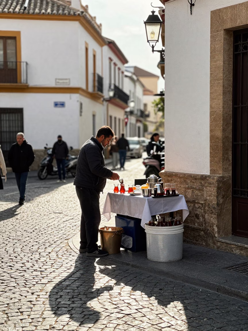 Granada Spain Late Morning Street Scene with Traditional Tea Infuser Spoon and Cooking Pot in in Granada, Spain