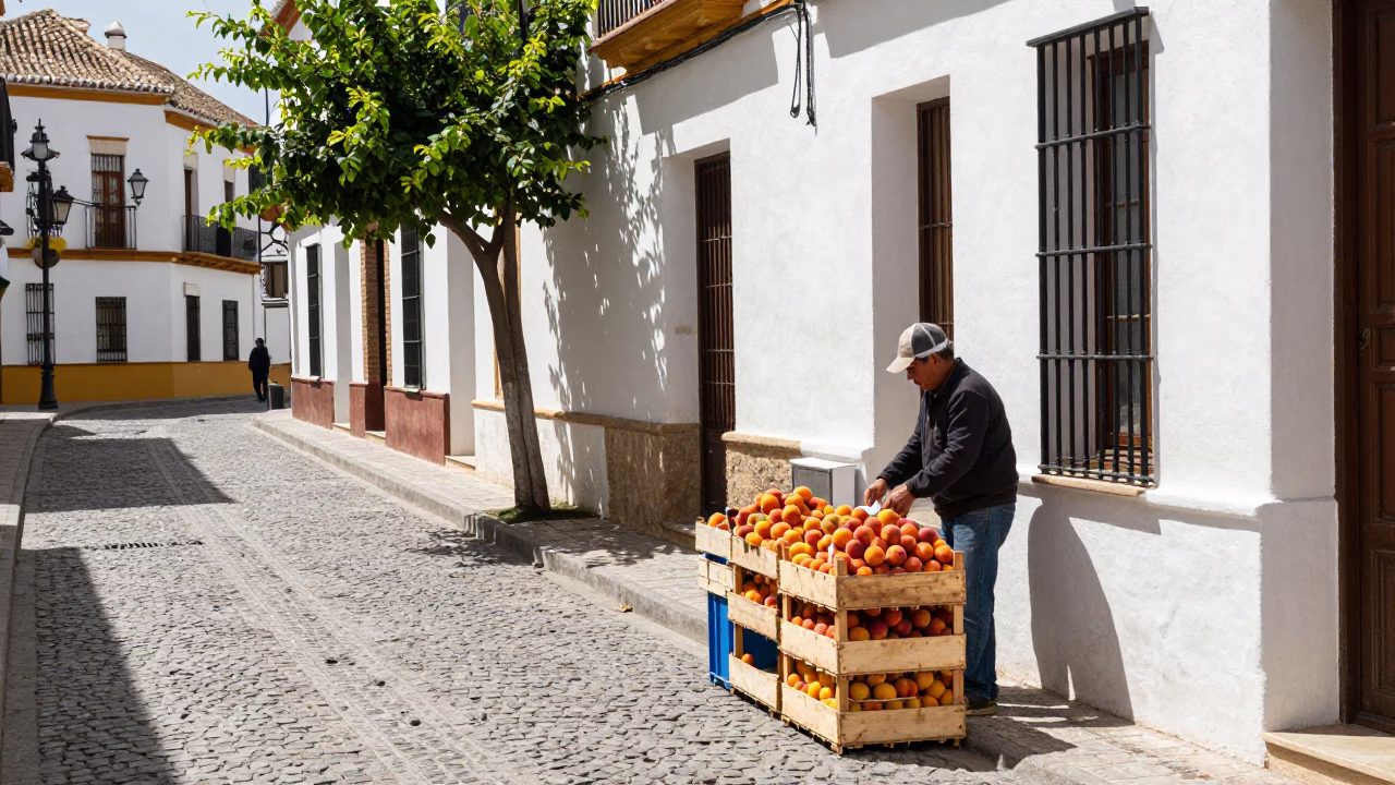 Granada Spain Midday Street Scene with Apricots and District Heating Pipes in in Granada, Spain