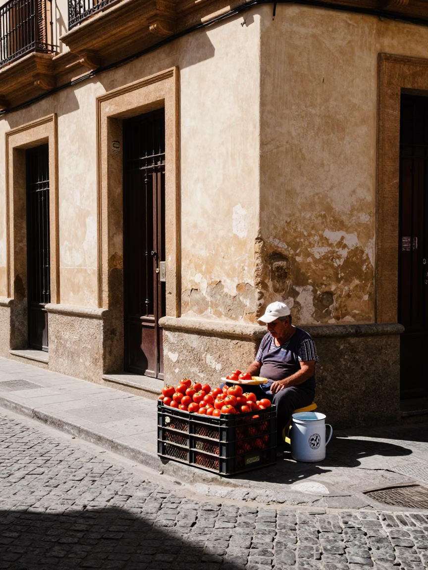 Granada Spain Midday Street Scene with Fruit Crate and Enamel Pitcher in in Granada, Spain
