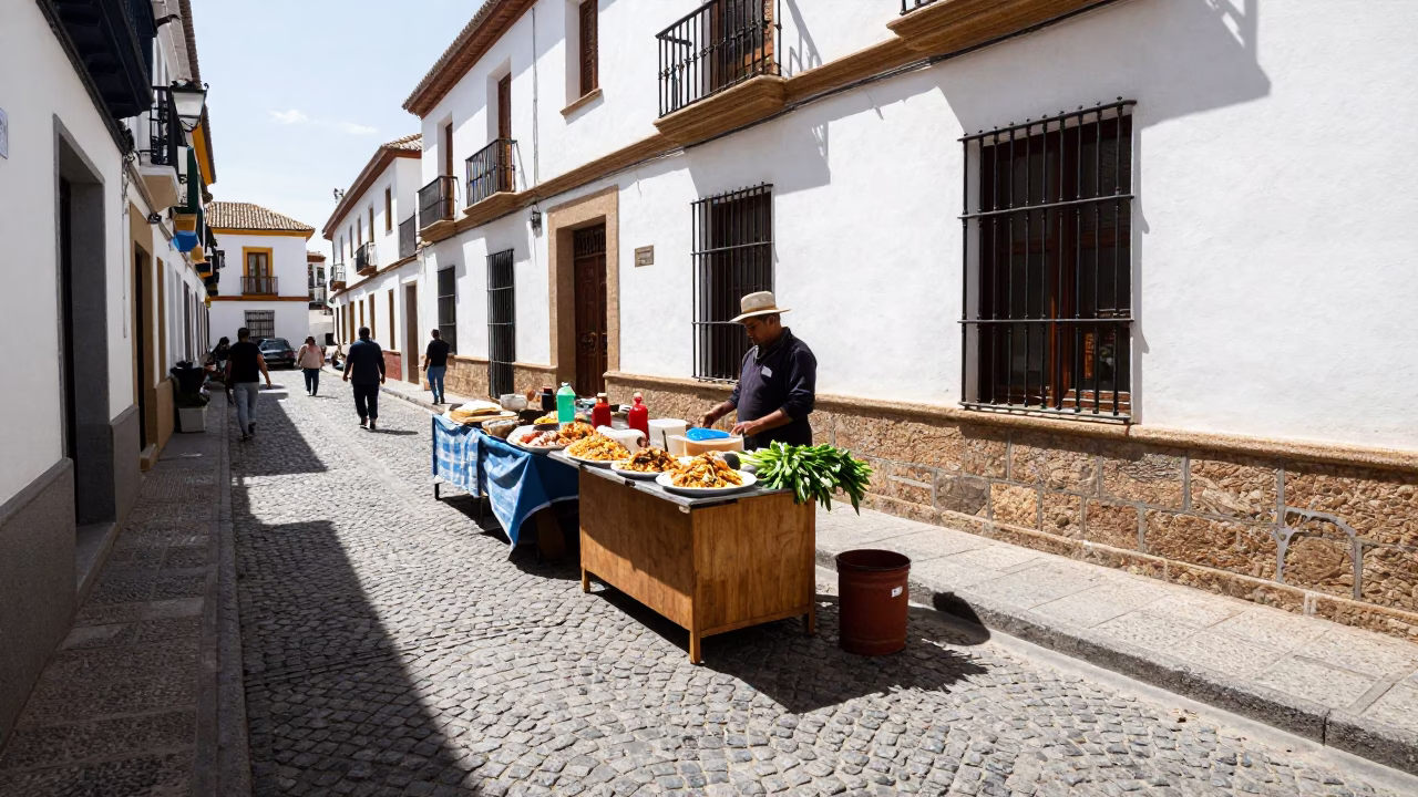 Granada Spain Midday Street Scene with Local Market Goods and Traditional Architecture in in Granada, Spain