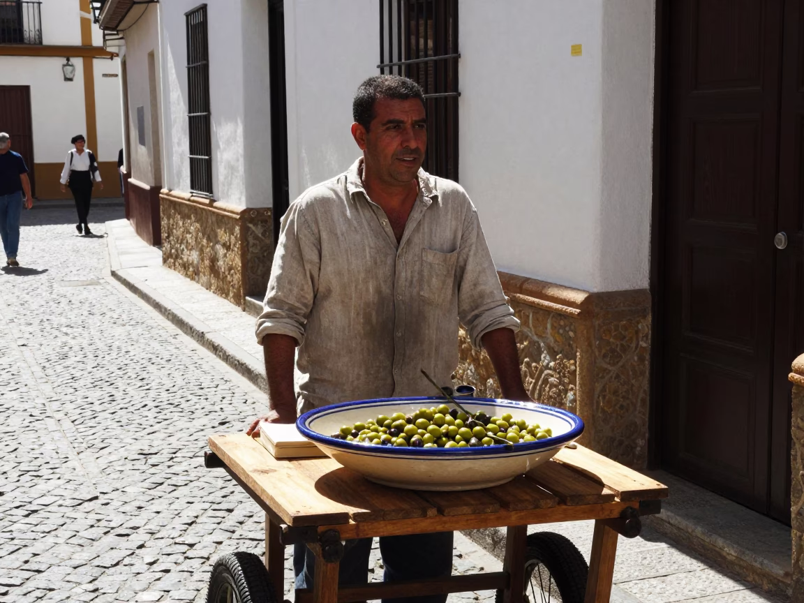 Granada Spain Midday Street Scene with Olive Dish and Local Activity in in Granada, Spain