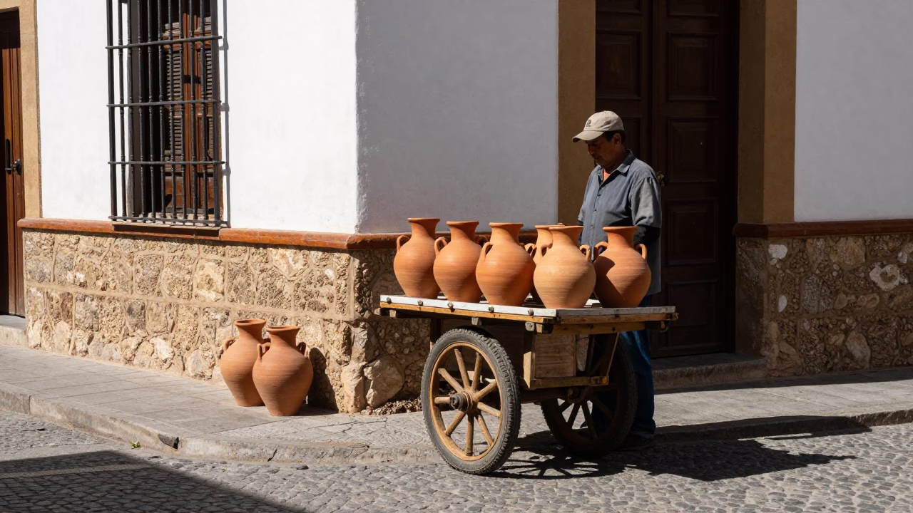 Granada Spain Midday Street Scene with Traditional Clay Pot and Stone Architecture in in Granada, Spain