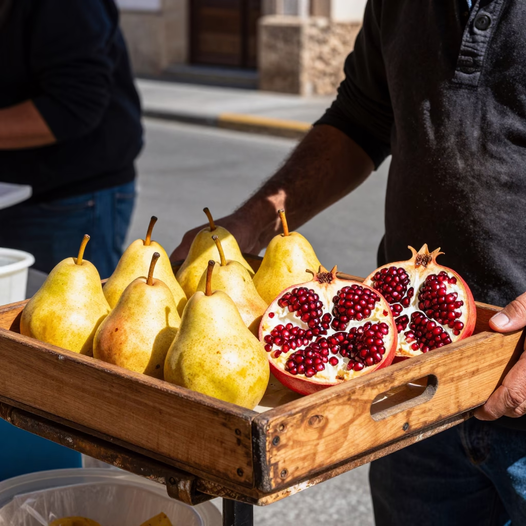 Granada Spain midday street scene with wooden tray pomegranate seeds and thermometer in in Granada, Spain