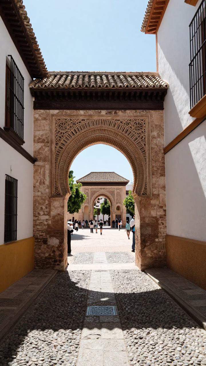 Granada Spain Midday Sunlight Illuminating Historic Stone Archway and Local Street Scene in in Granada, Spain