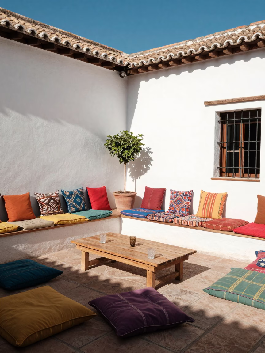 Granada Spain Midday Terrace View with Cushions and Glass Tumblers in in Granada, Spain