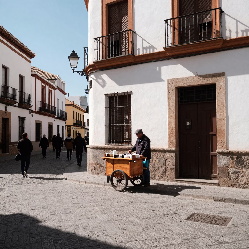 Granada Spain Midmorning Street Scene with Espresso Cup and Local Architecture in in Granada, Spain