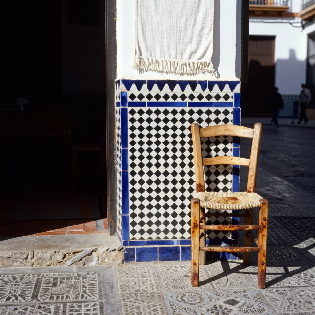 Granada Spain Midmorning Street Scene with Linen Fringe and Rusty Chair Details in in Granada, Spain
