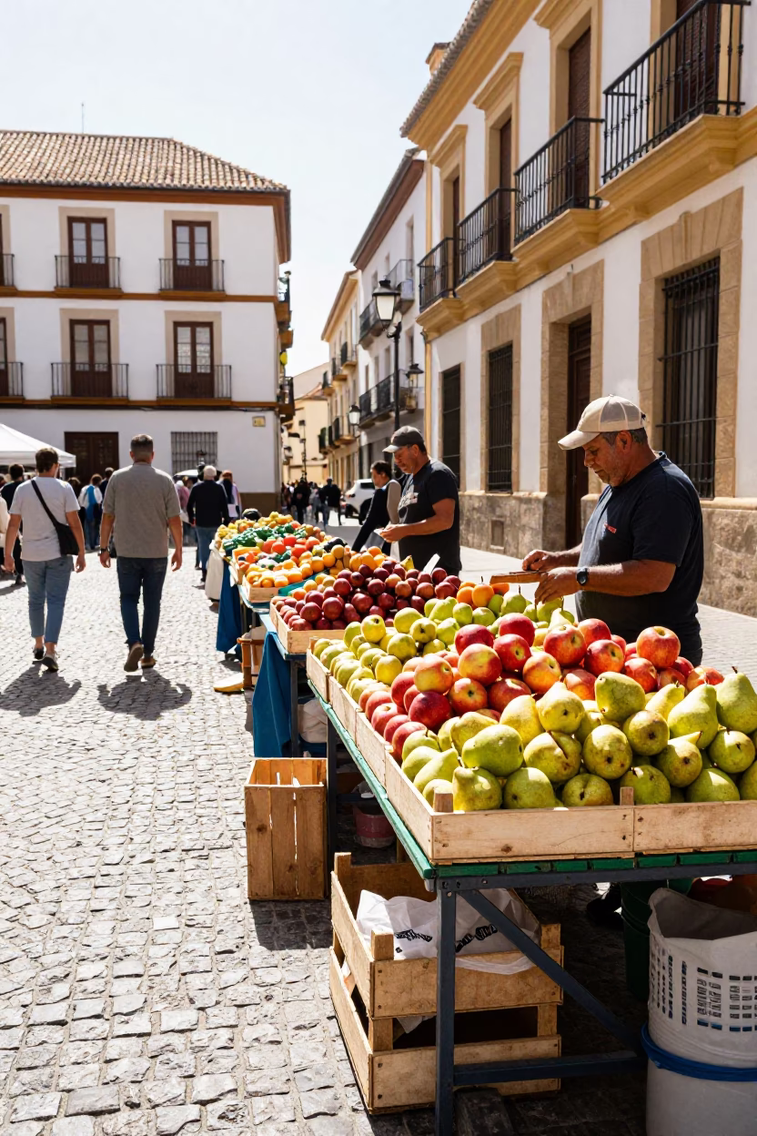 Granada Spain Midmorning Street Scene with Local Market Goods and Alhambra Views in in Granada, Spain