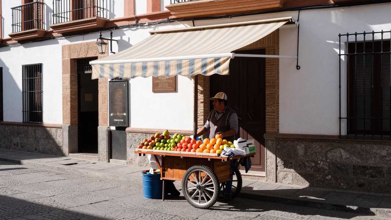 Granada Spain Midmorning Street Scene with Local Vendor and Traditional Items in in Granada, Spain
