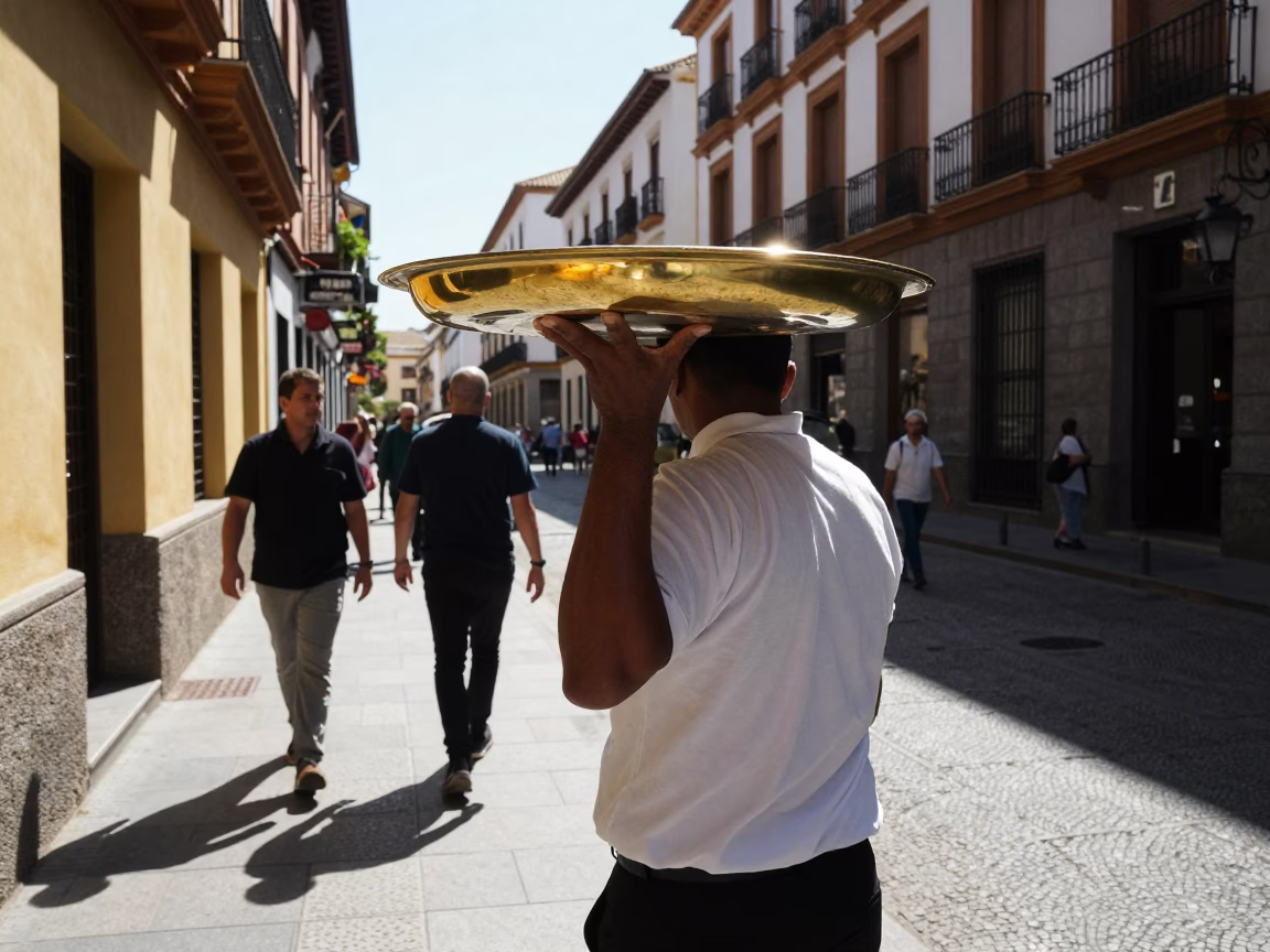 Granada Spain Midmorning Street Scene with Polished Brass Tray Corner in in Granada, Spain