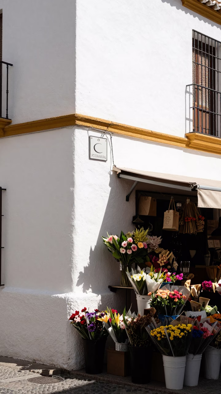 Granada Spain Midmorning Sunlight on White Plaster Walls and Flower Market Stalls in in Granada, Spain