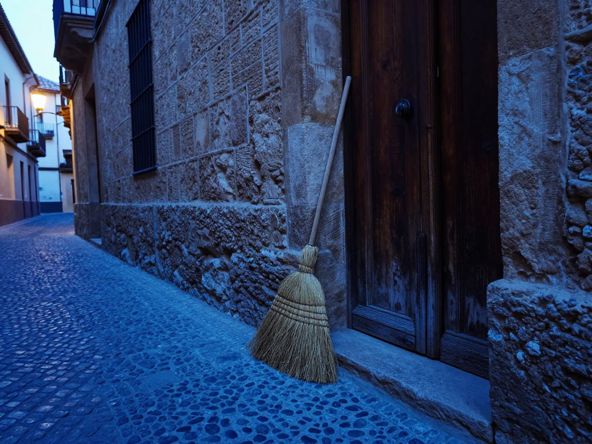 Granada Spain Midnight Street Scene with Brooms and Urban Stone Architecture in in Granada, Spain