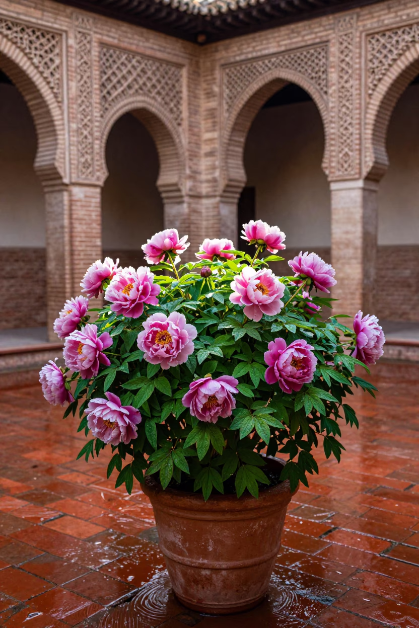 Granada Spain Morning Light Alhambra Red Brick Patio Peonies in in Granada, Spain