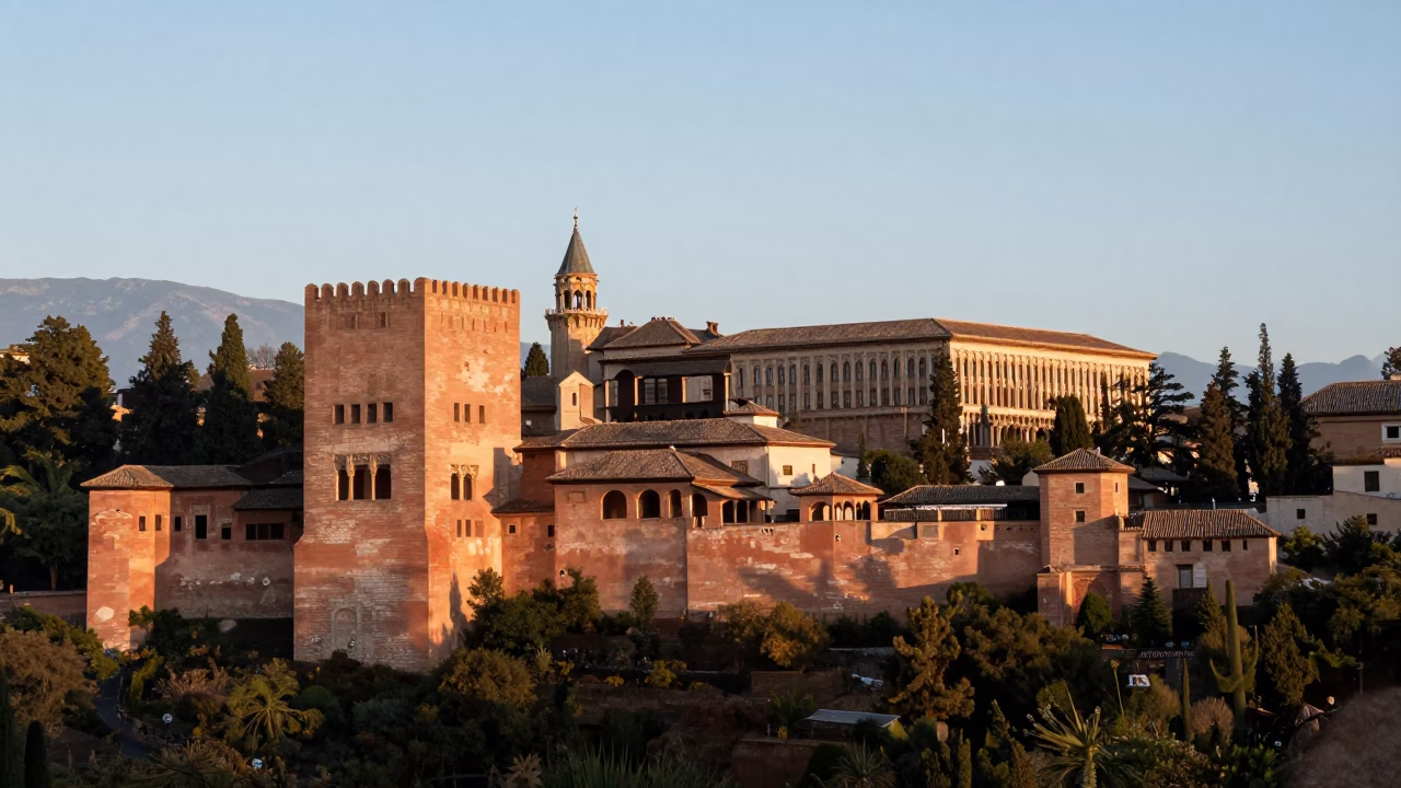 Granada Spain Morning Light on Alhambra Palaces and Historic Streets in in Granada, Spain
