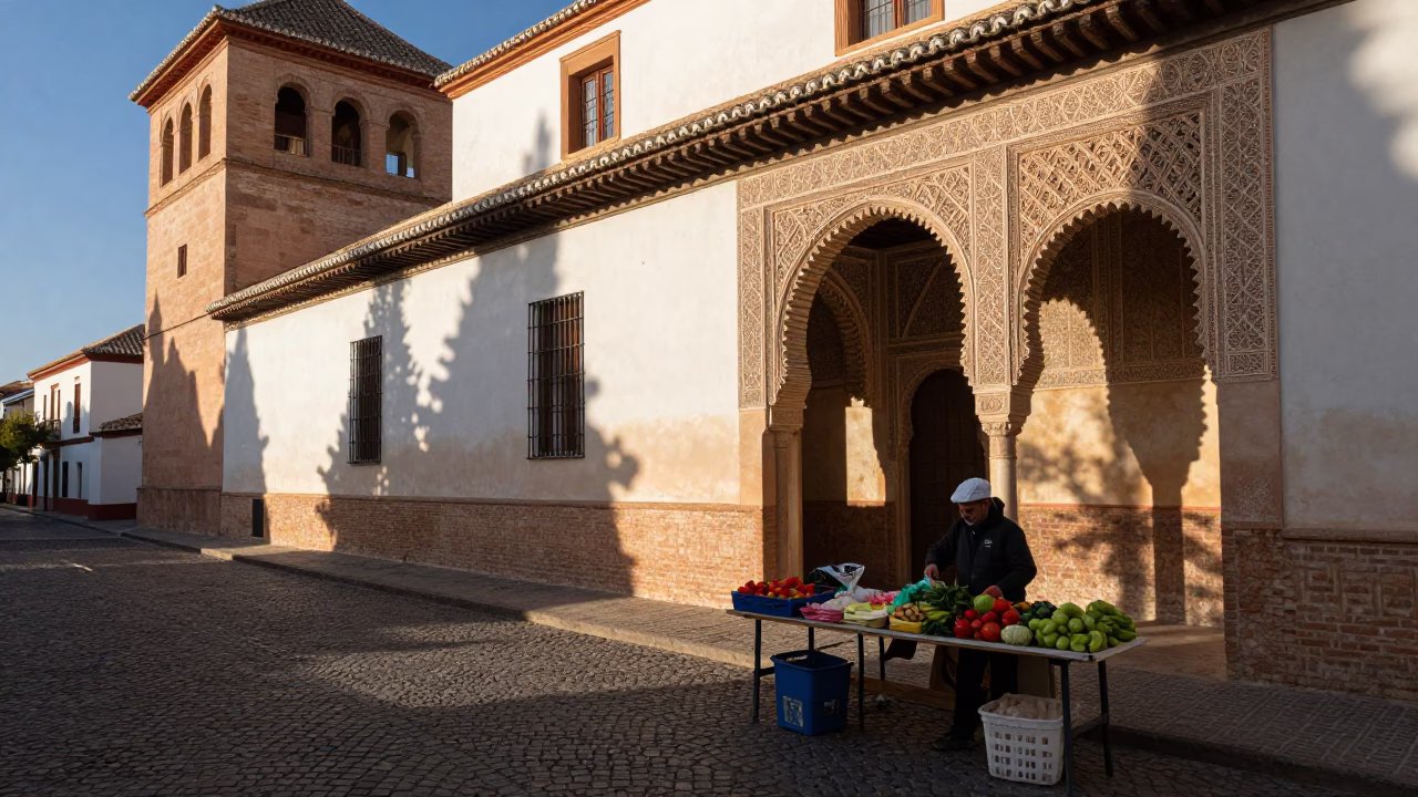 Granada Spain Morning Light on Alhambra Walls and Local Street Life in in Granada, Spain