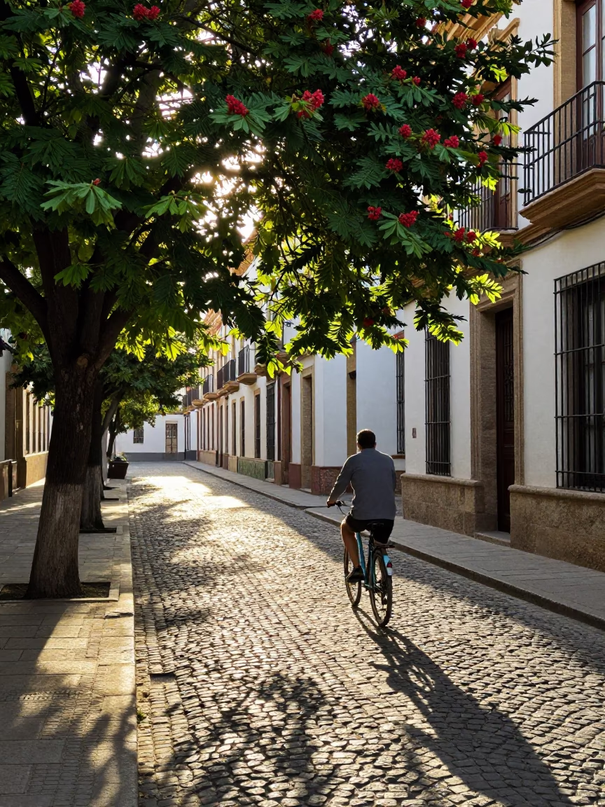 Granada Spain Morning Light on Historic Cobblestone Street with Bicycle Basket and Chestnut Tree in in Granada, Spain