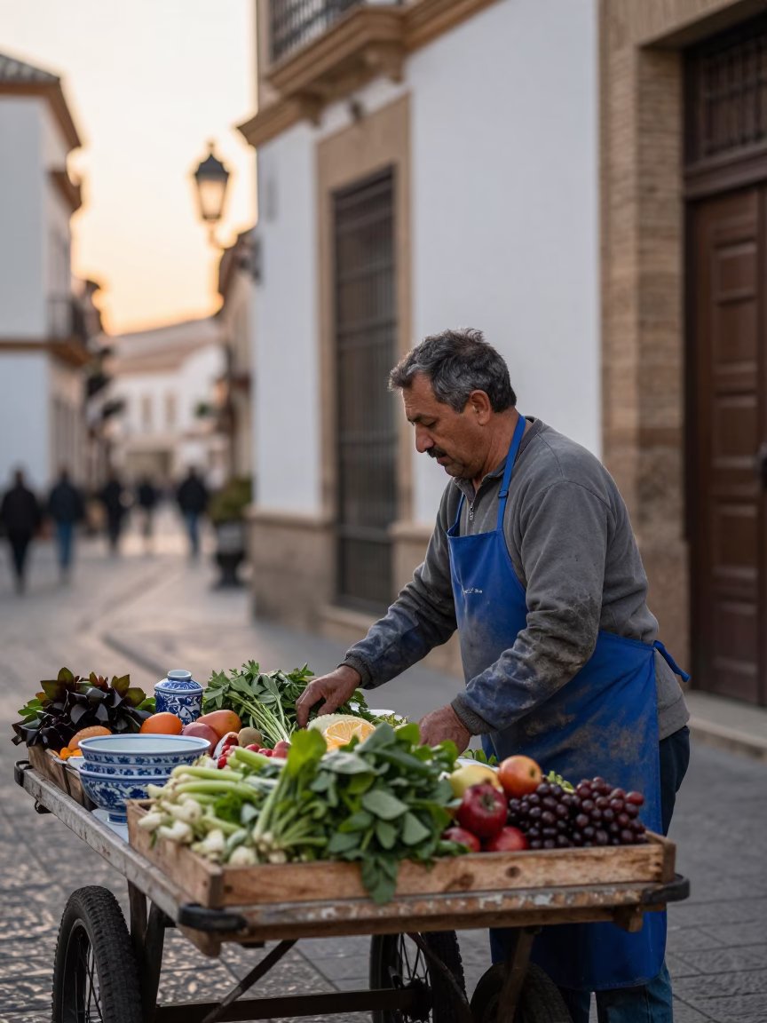 Granada Spain Morning Street Scene with Apron and Porcelain Details in in Granada, Spain