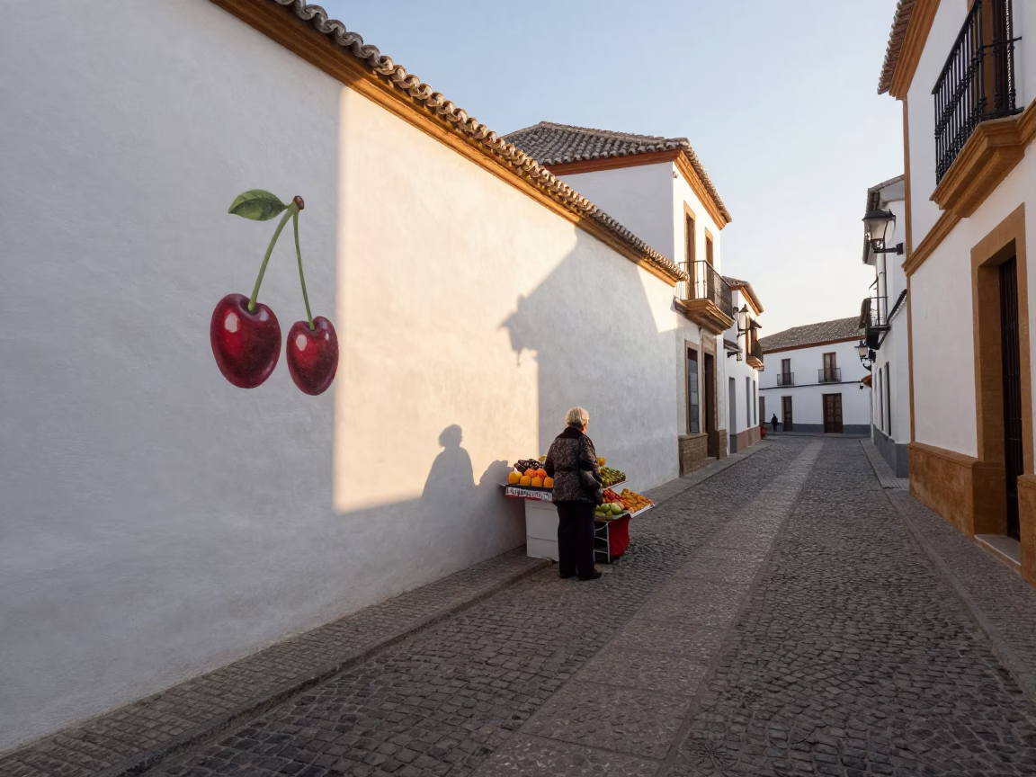 Granada Spain Morning Street Scene with Cherries and Key Blank in in Granada, Spain