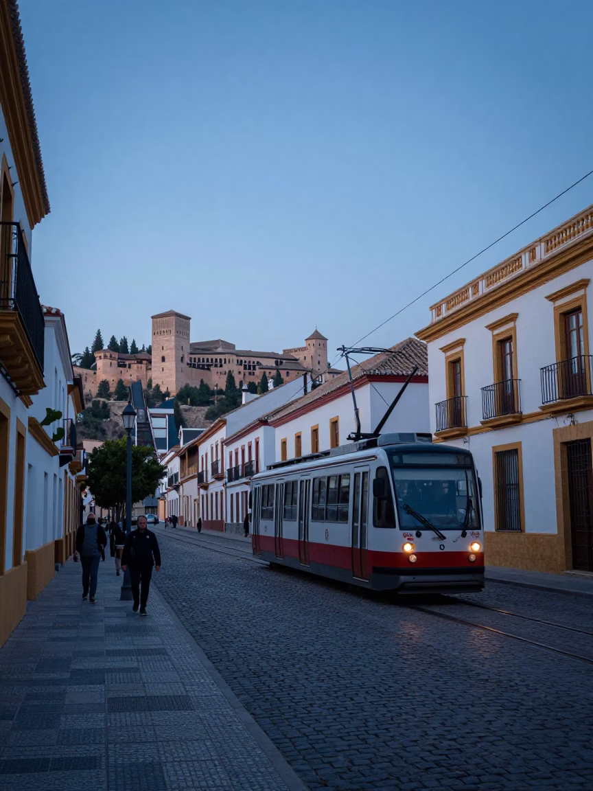 Granada Spain Morning Street Scene with Funicular and Cobblestones at Nautical Dawn in in Granada, Spain
