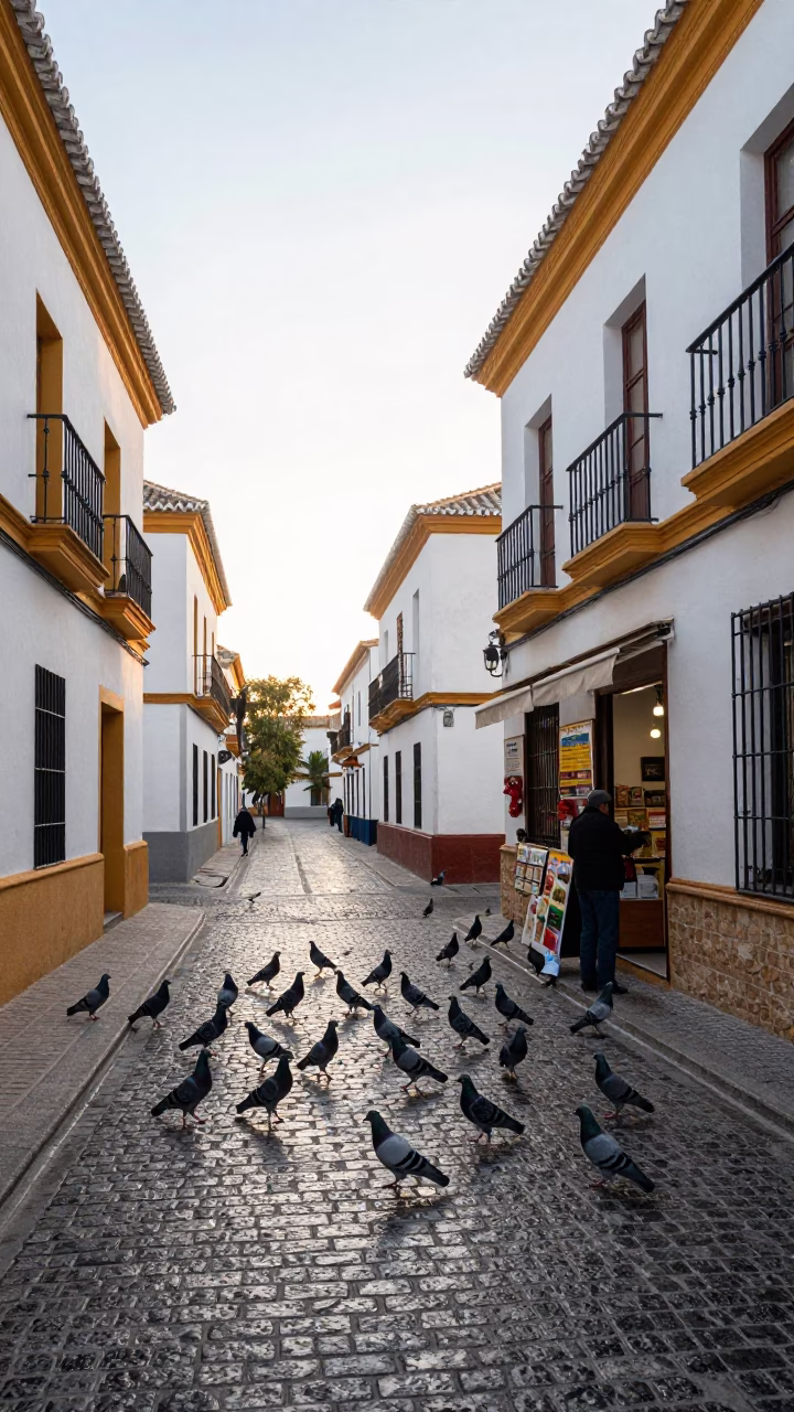 Granada Spain Morning Street Scene with Pigeons and Shopkeeper in in Granada, Spain