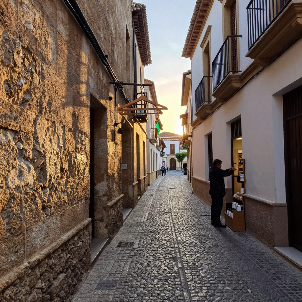 Granada Spain Morning Street Scene with Wooden Hanger and Coffee Tin in in Granada, Spain