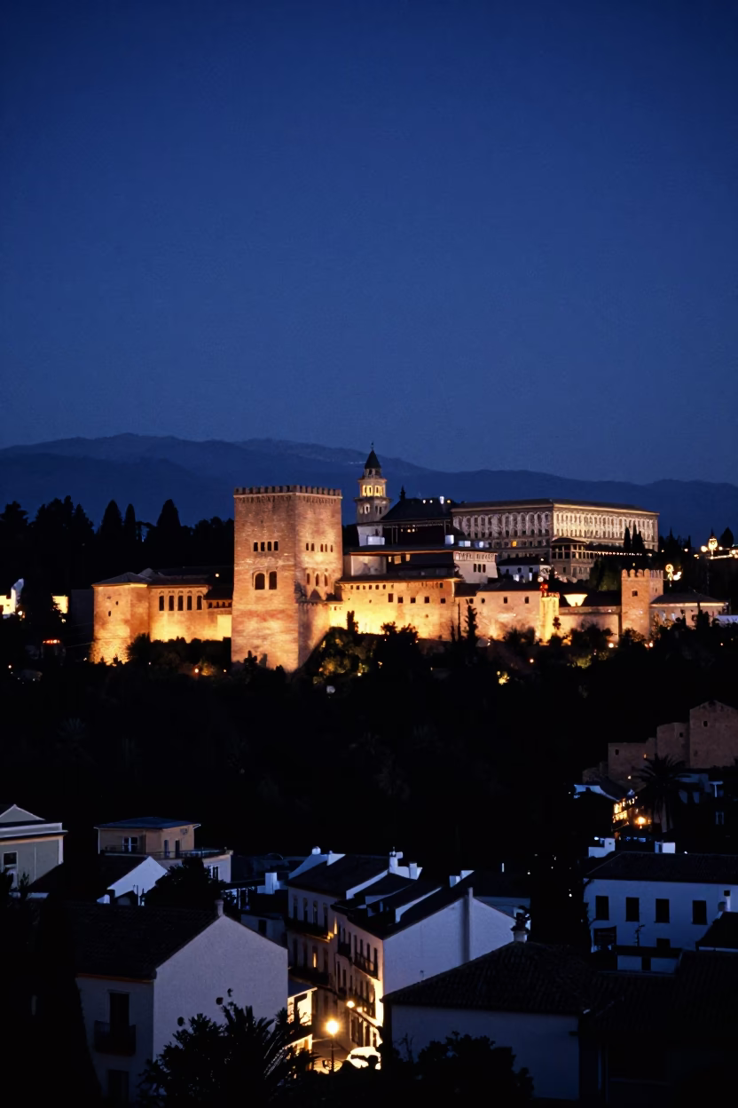 Granada Spain Nautical Dawn Alhambra Fortress Lights and Street Scene in in Granada, Spain