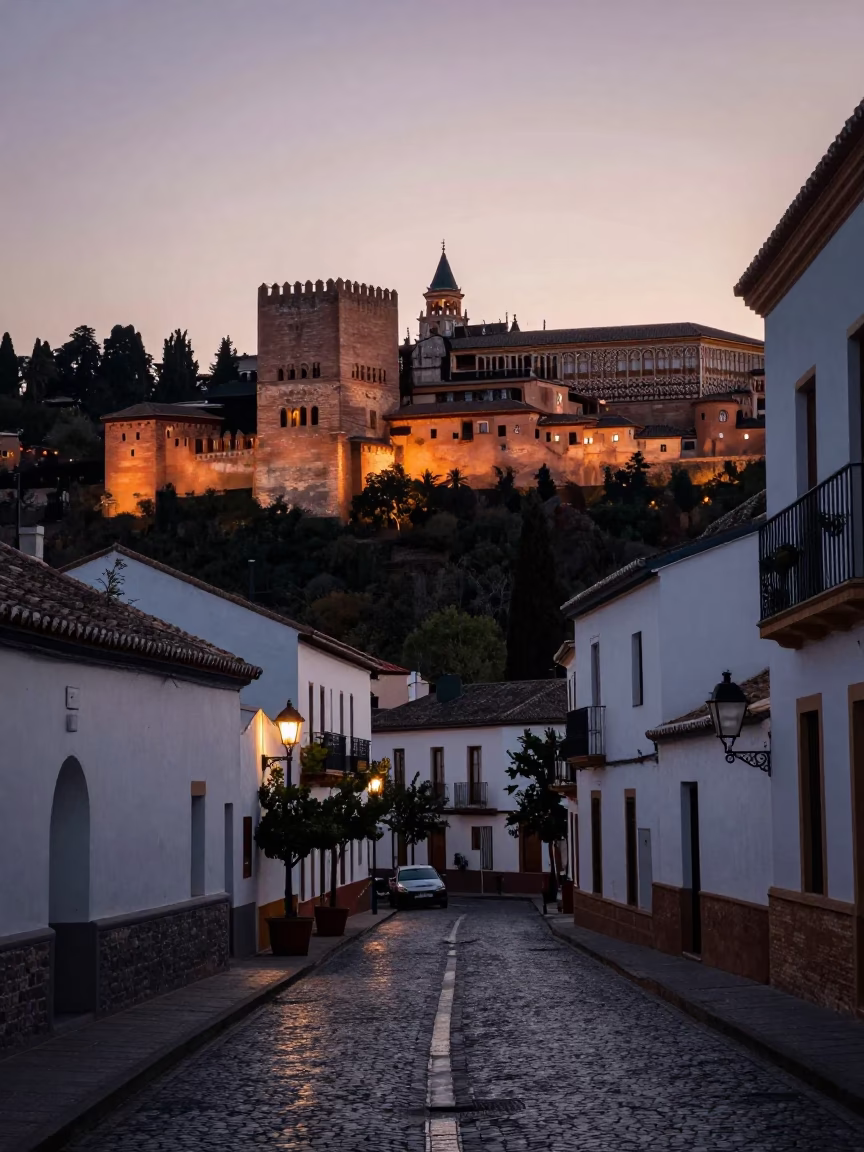 Granada Spain Nautical Dawn Alhambra Palace Silhouette and Albaicin Street Scene in in Granada, Spain