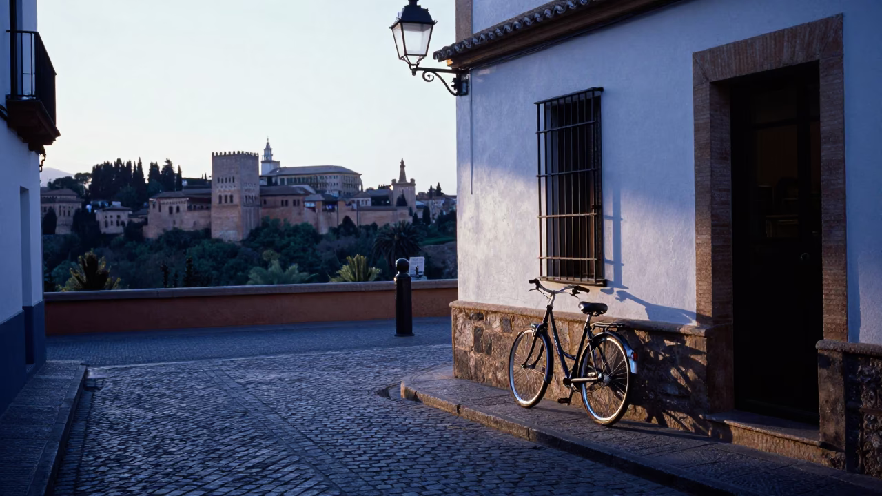 Granada Spain Nautical Dawn Bicycle Bakery Street Scene with Alhambra Silhouette in in Granada, Spain