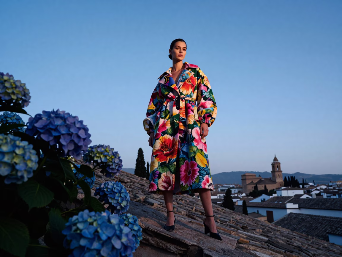Granada Spain Nautical Dawn High Fashion Model with Hydrangeas on Albaicin Cobblestone Street in in Granada, Spain