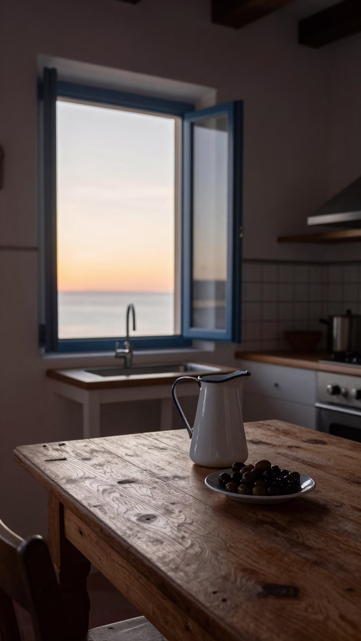 Granada Spain Nautical Dawn Kitchen Scene with Enamel Pitcher and Olives in in Granada, Spain