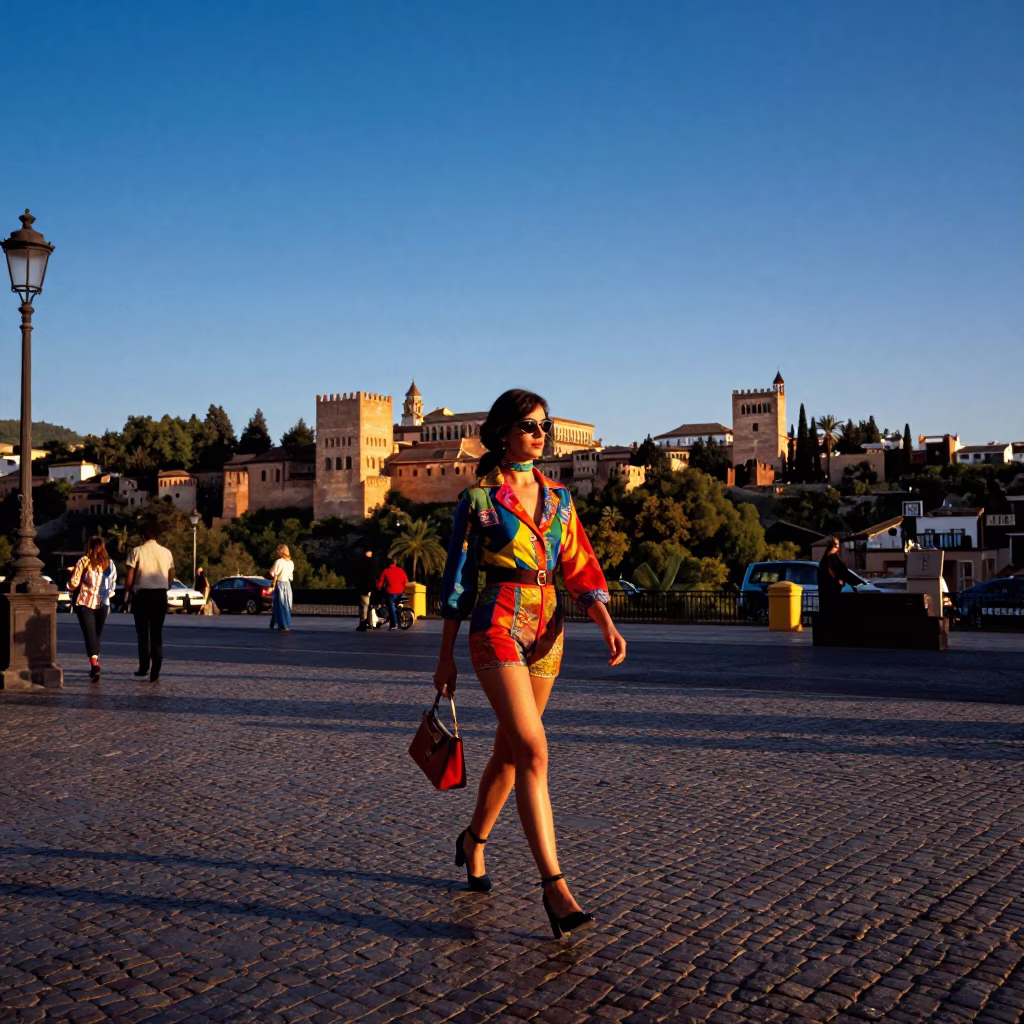 Granada Spain Nautical Dawn Street Fashion High Contrast Colorful 1980s Style in in Granada, Spain