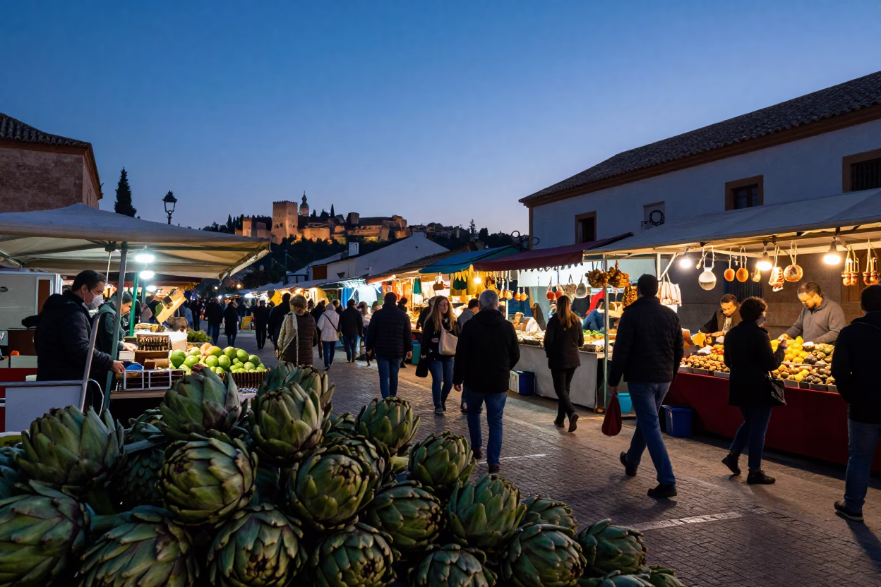 Granada Spain Nautical Dawn Street Market Scene with Artichokes and Local Commerce in in Granada, Spain