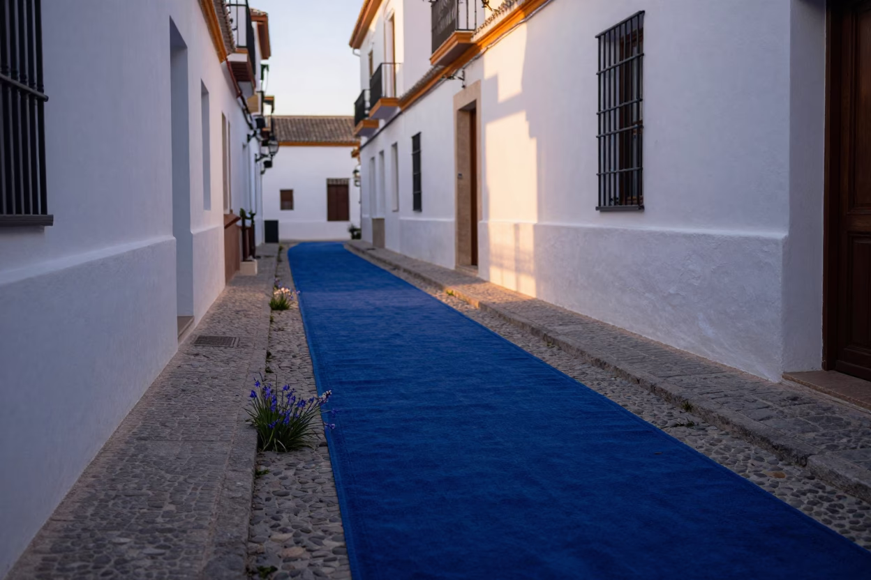 Granada Spain Nautical Dawn Street Scene with Bluebell Carpet and Step Stool in in Granada, Spain