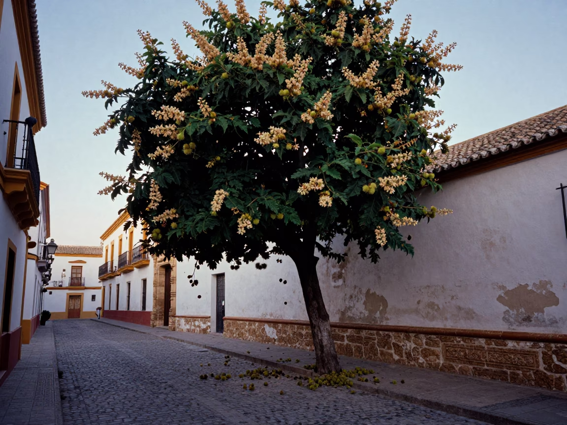 Granada Spain Nautical Dawn Street Scene with Chestnut Tree Husks in in Granada, Spain