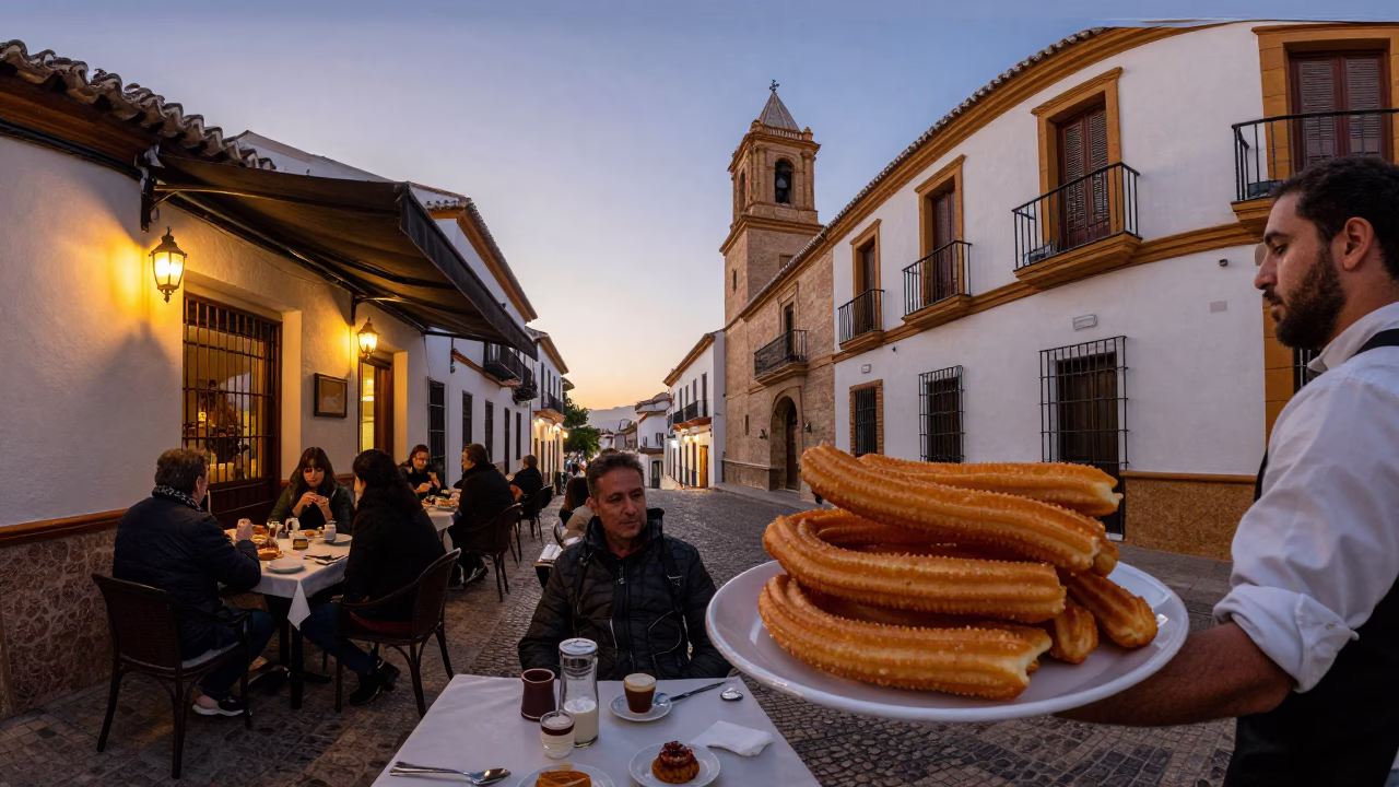 Granada Spain Nautical Dawn Street Scene with Churros and Hot Chocolate Breakfast in in Granada, Spain