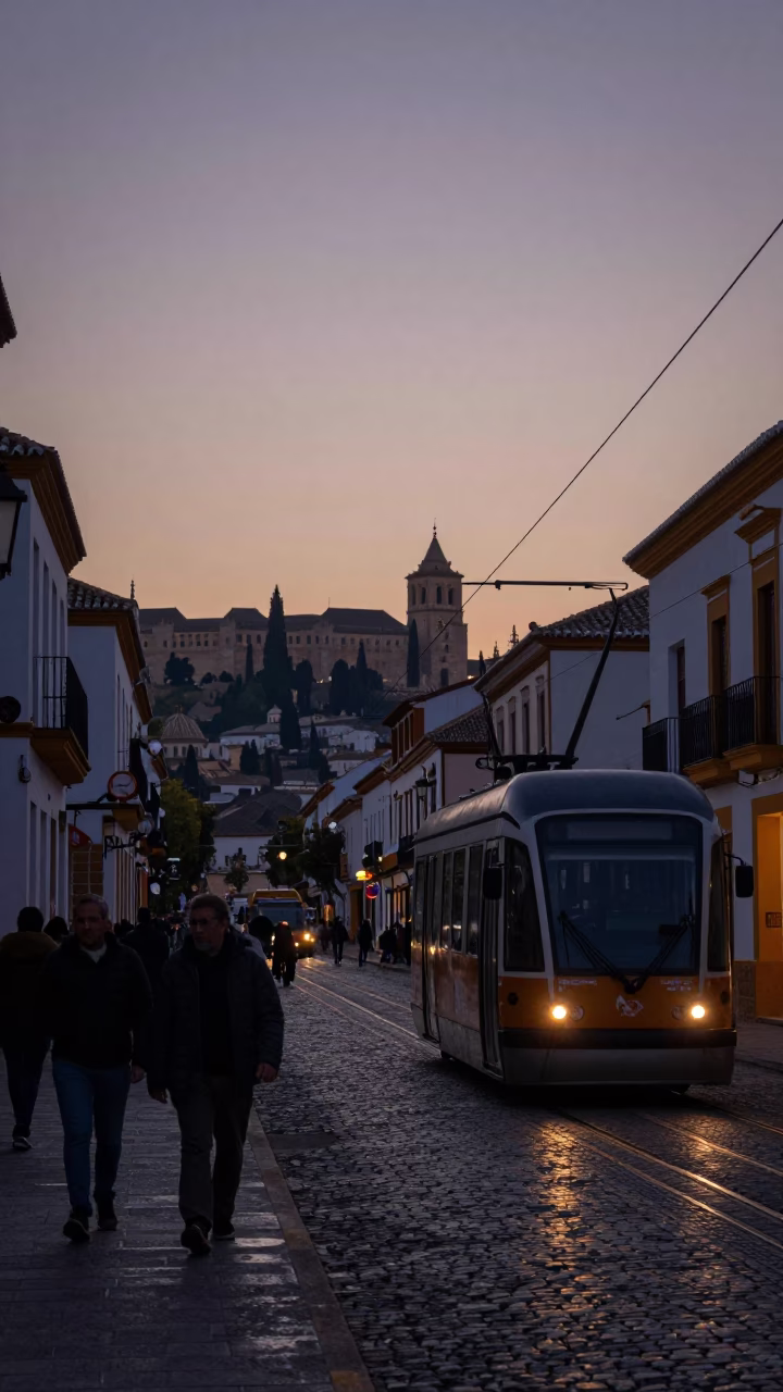 Granada Spain Nautical Dawn Street Scene with Funicular and Cobblestone Market in in Granada, Spain