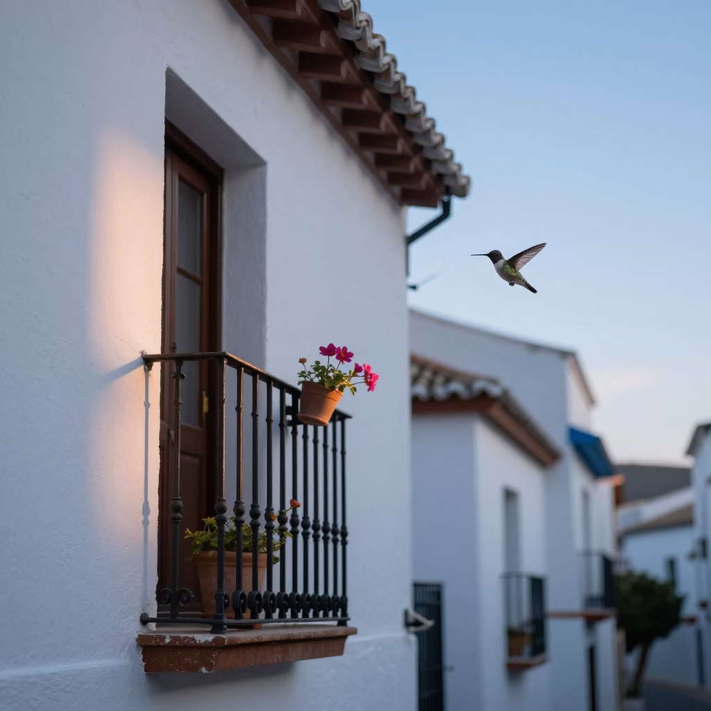 Granada Spain Nautical Dawn Street Scene with Hummingbird at Flower in in Granada, Spain