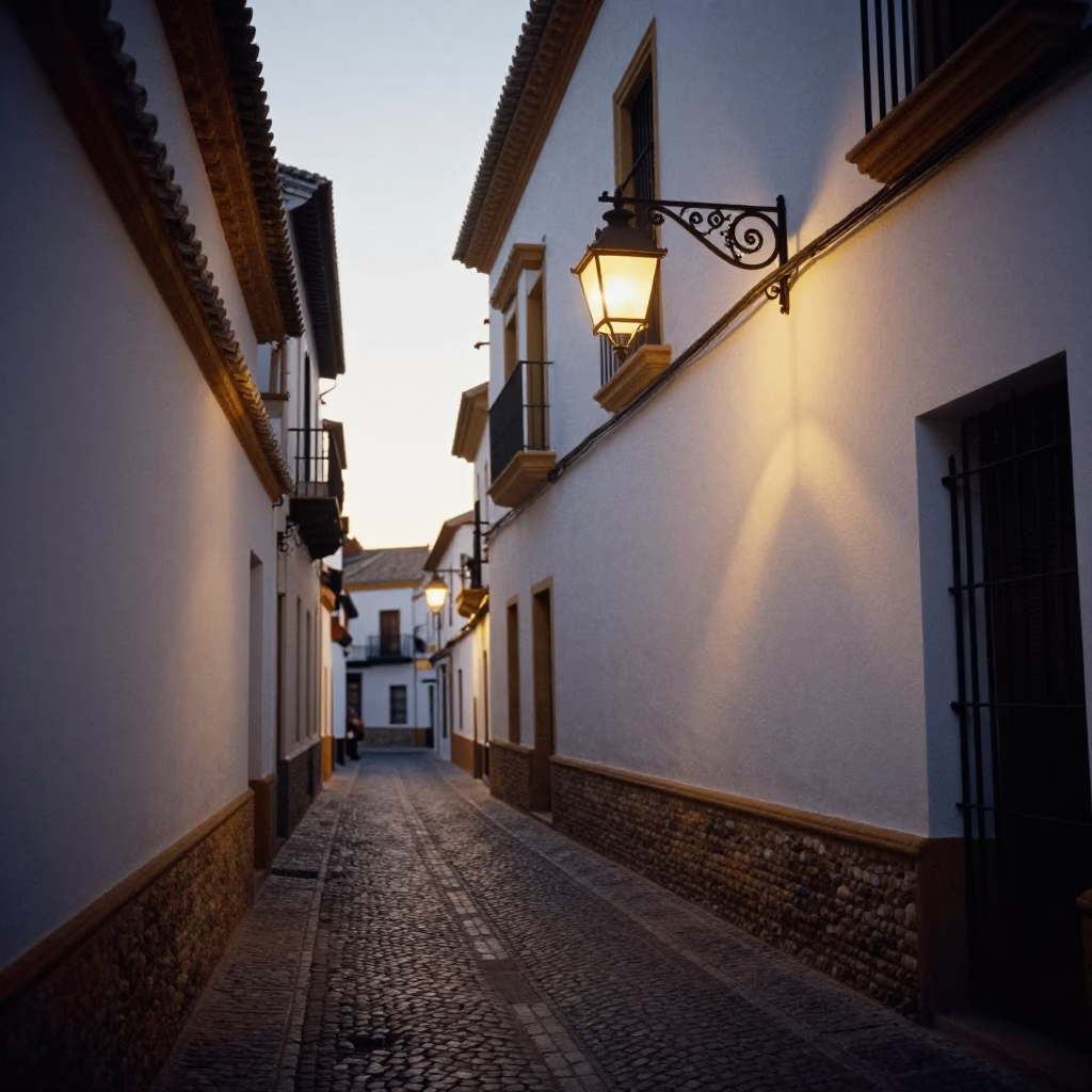 Granada Spain Nautical Dawn Street Scene with Lantern Light and Mossy Architecture in in Granada, Spain