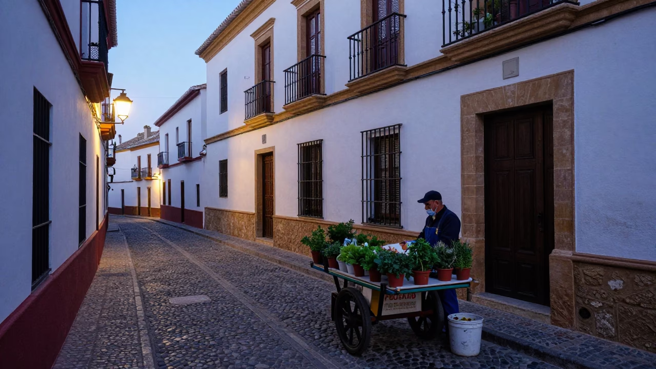 Granada Spain Nautical Dawn Street Scene with Local Market Activity in in Granada, Spain