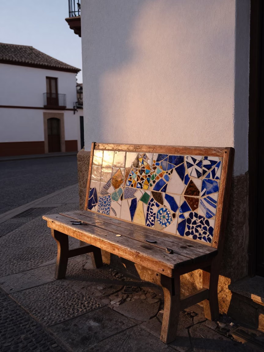 Granada Spain Nautical Dawn Street Scene with Mosaic Tile Fragments and Zinnias in in Granada, Spain