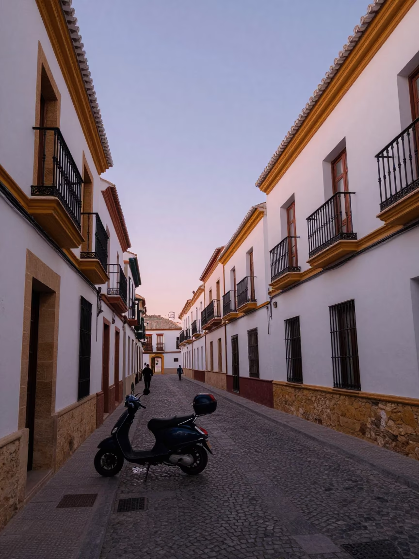 Granada Spain Nautical Dawn Street Scene with Scooter and Folding Chair in in Granada, Spain