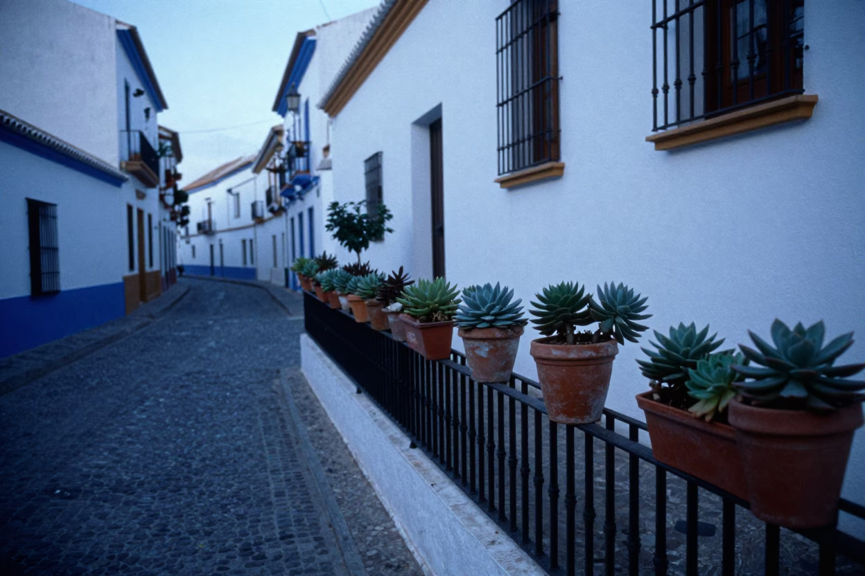 Granada Spain Nautical Dawn Street Scene with Succulents and Water Tower in in Granada, Spain