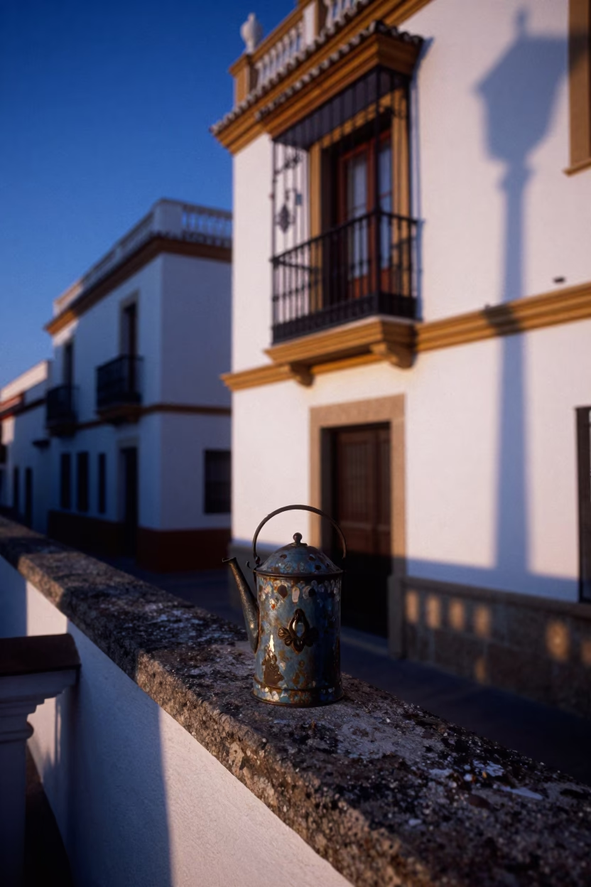 Granada Spain Nautical Dawn Street Scene with Vintage Pin Tin on Stone Balcony in in Granada, Spain