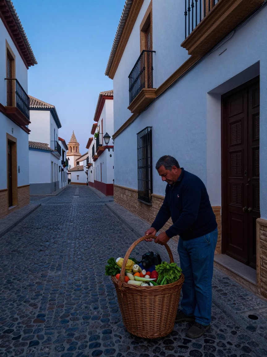 Granada Spain Nautical Dawn Street Scene with Wicker Hamper and Leaf Shadows in in Granada, Spain
