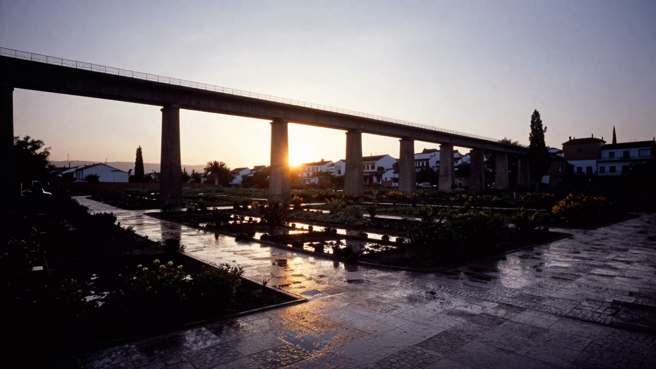 Granada Spain Nautical Dawn Viaduct Shadow Over Rain-Washed Allotment Gardens in in Granada, Spain